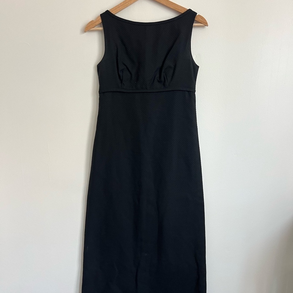Vintage 60’s Lanz Black Textured Empire Waist Maxi Button Back Dress